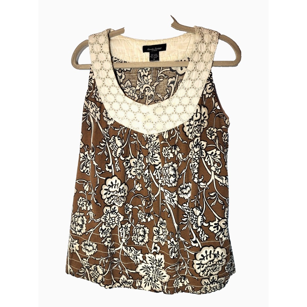 Alexandra Bartlett Brown Floral Linen Embroidered Neck Tank Top Size 1X‎ Boho